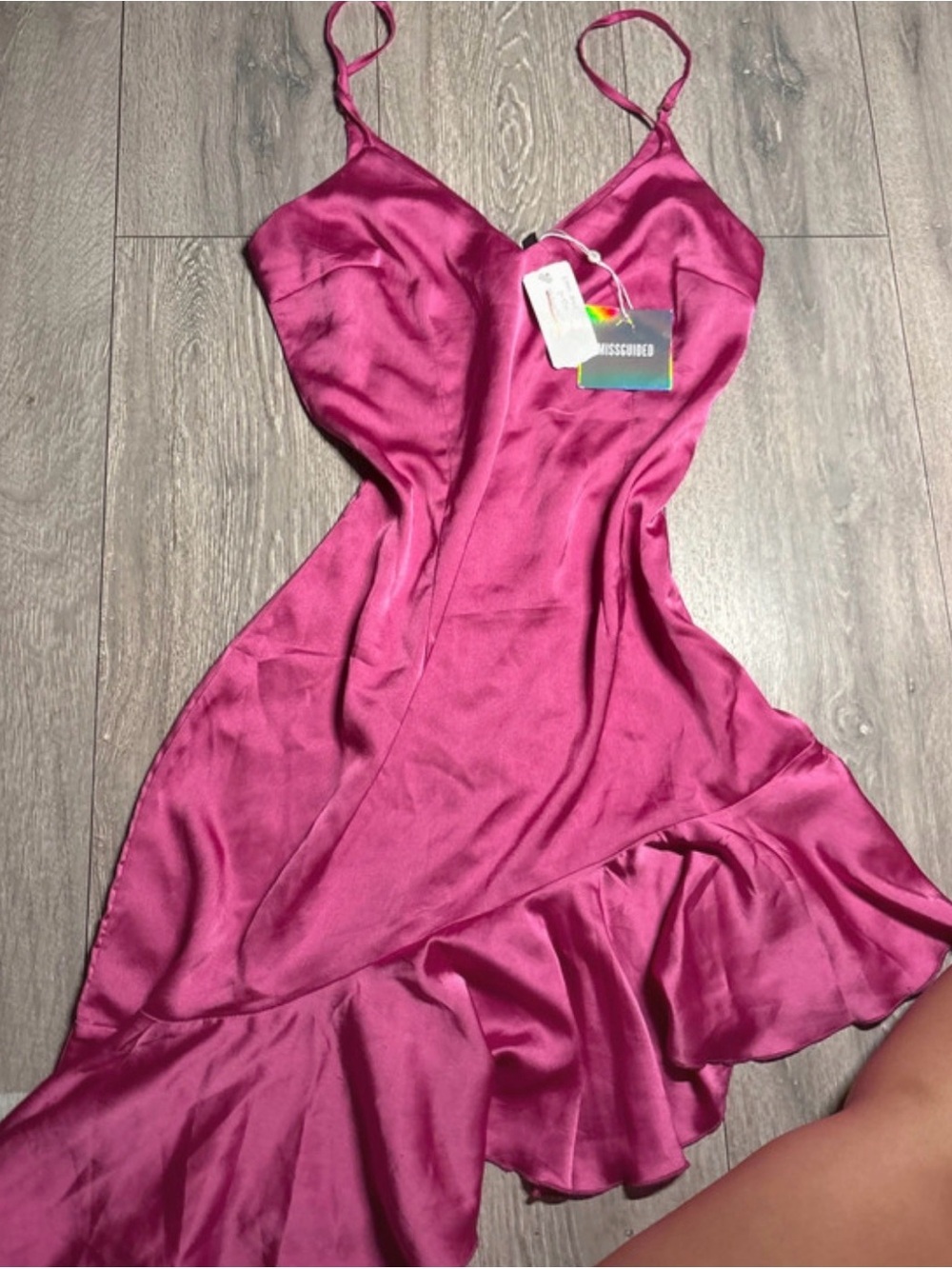 Missguided Fuchsia Satin Slip Midi Dress with Ruffle Hem